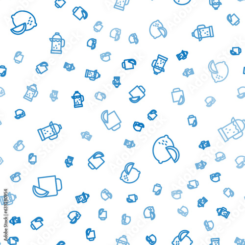 Set line Cup of tea with lemon, Lemon and French press on seamless pattern. Vector