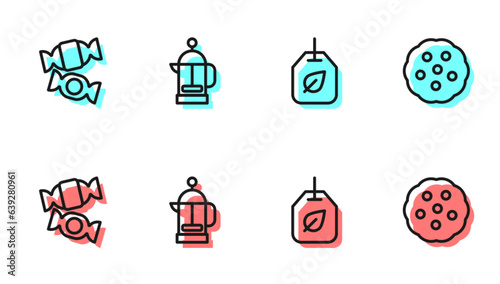 Set line Tea bag with leaf, Candy, French press and Cookie or biscuit icon. Vector