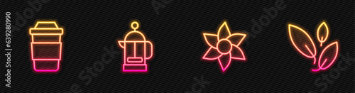 Set line Flower, Cup of tea, French press and Tea leaf. Glowing neon icon. Vector
