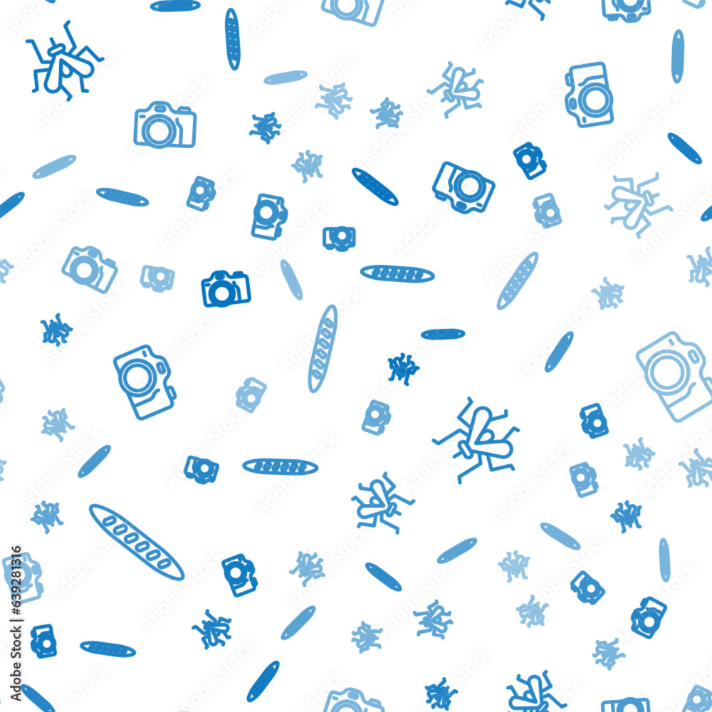 Set line French baguette bread, Mosquito and Photo camera on seamless pattern. Vector Set line French baguette bread, Mosquito and Photo camera on seamless pattern. Vector