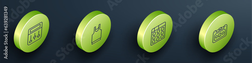 Set Isometric line Drum machine music, Undershirt, and Retro audio cassette tape icon. Vector