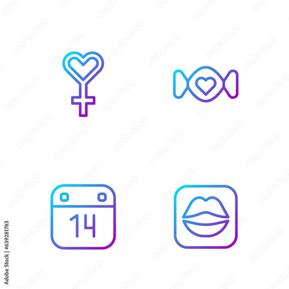 Set line Smiling lips, Calendar with February 14, Female gender symbol and Candy. Gradient color icons. Vector