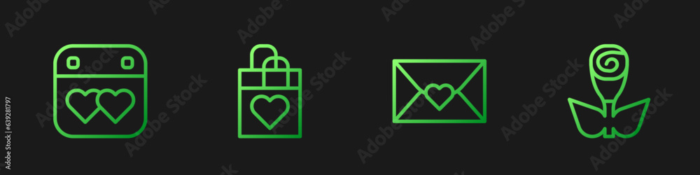 Set line Envelope with Valentine heart, Calendar, Shopping bag and Flower rose. Gradient color icons. Vector Set line Envelope with Valentine heart, Calendar, Shopping bag and Flower rose. Gradient color icons. Vector