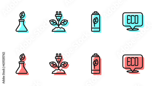 Set line Eco nature leaf battery, Plant breeding, Electric saving plug and Leaf symbol icon. Vector