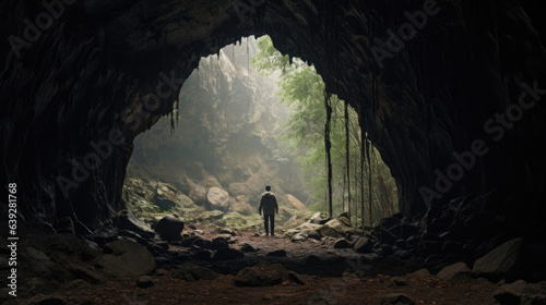 A photo taken from inside of a cave, of a man standing in front of the entrance to the cave.