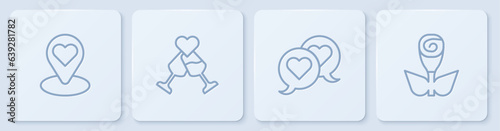 Set line Location with heart, Heart in speech bubble, Glass of champagne and Flower rose. White square button. Vector