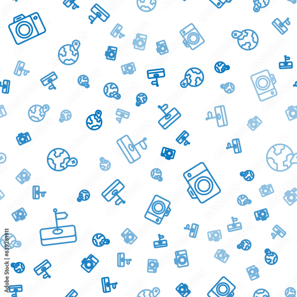 Set line Flag, Photo camera and Location on the globe on seamless pattern. Vector Set line Flag, Photo camera and Location on the globe on seamless pattern. Vector