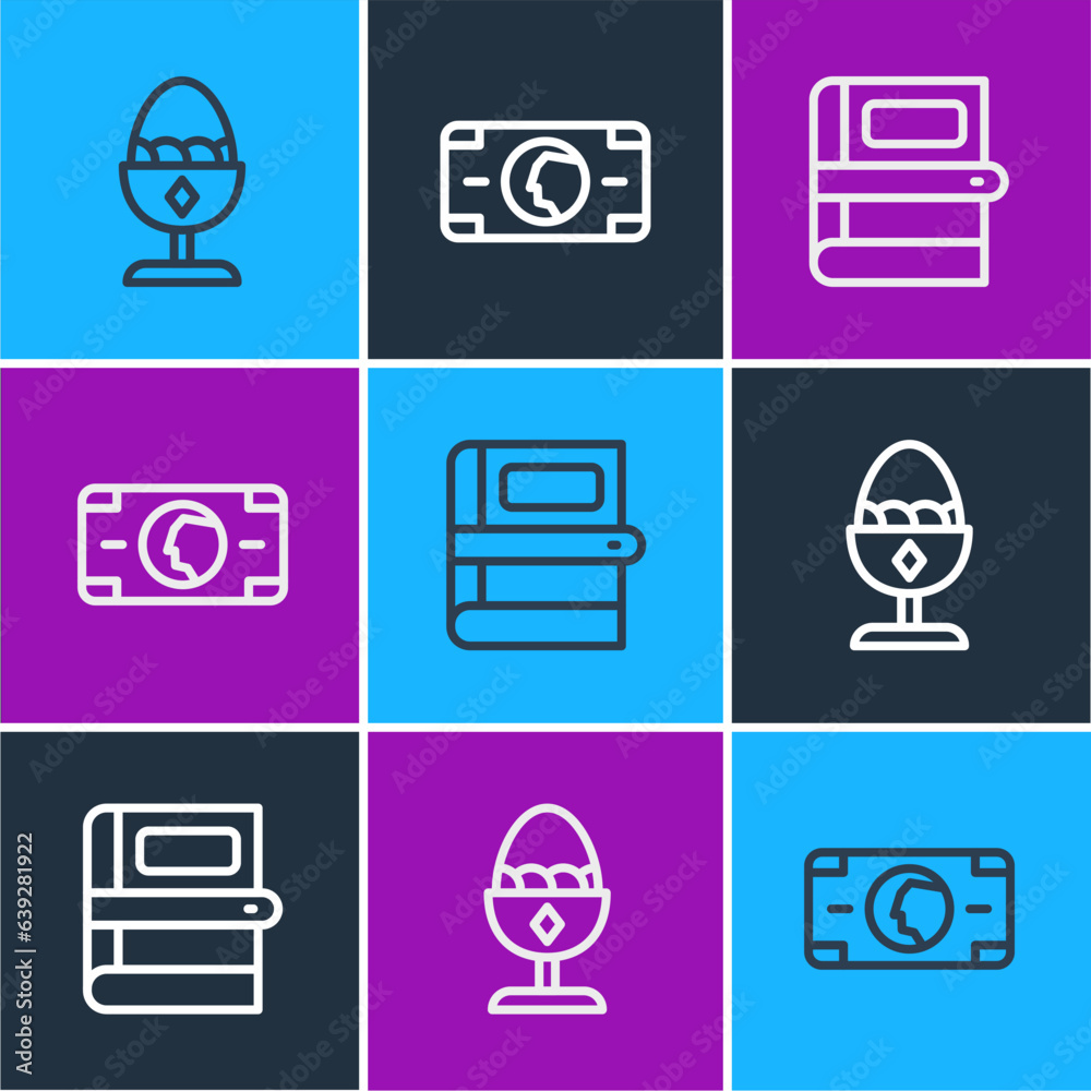 Set line Chicken egg on a stand, Book and Stacks paper money cash icon. Vector Set line Chicken egg on a stand, Book and Stacks paper money cash icon. Vector