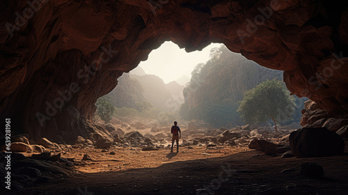 A photo taken from inside of a cave, of a man standing in front of the entrance to the cave.