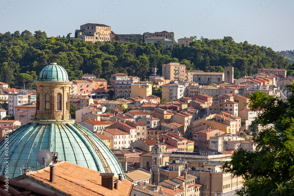 Buildings on the hills of the port city of Ancona in the Marche region in Italy.