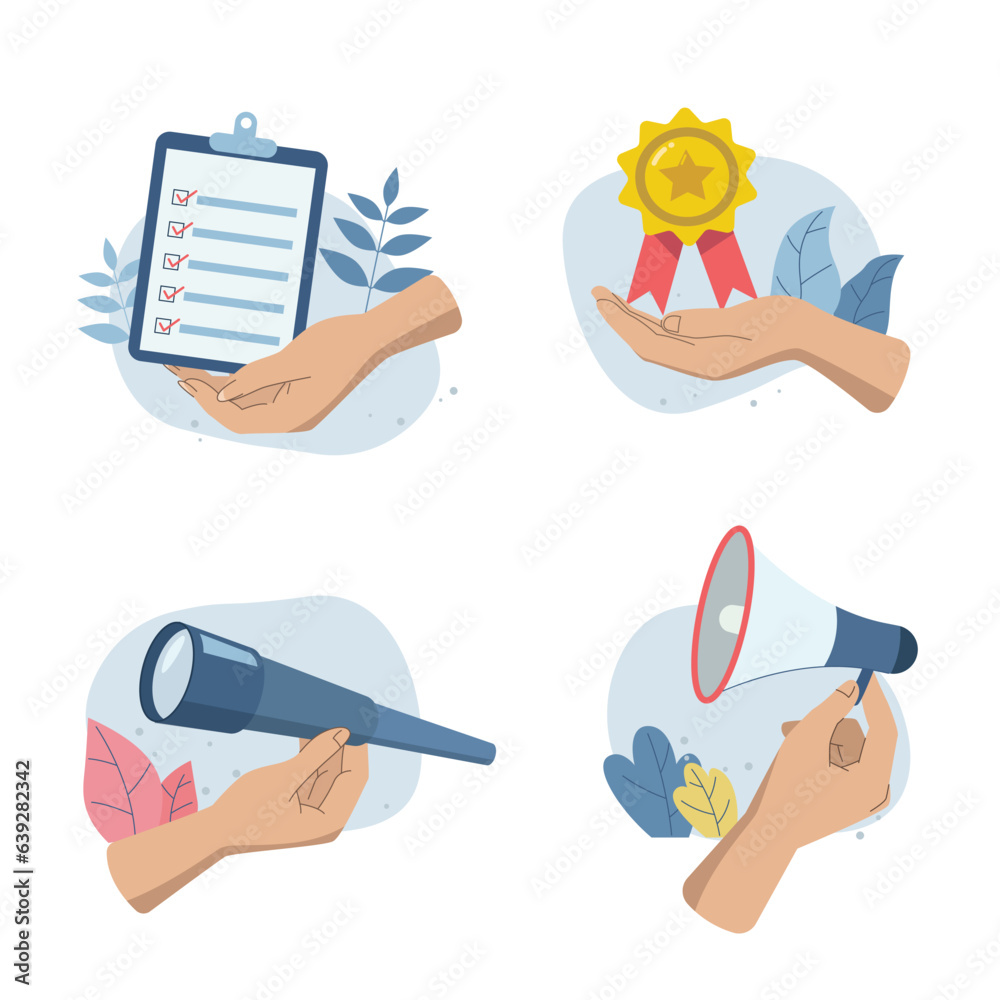 Set of Character hands holding business objects, document, check mark, star award, binoculars, vision, megaphone, Illustration ideas for web pages, ads, Vector design. Set of Character hands holding business objects, document, check mark, star award, binoculars, vision, megaphone, Illustration ideas for web pages, ads, Vector design.