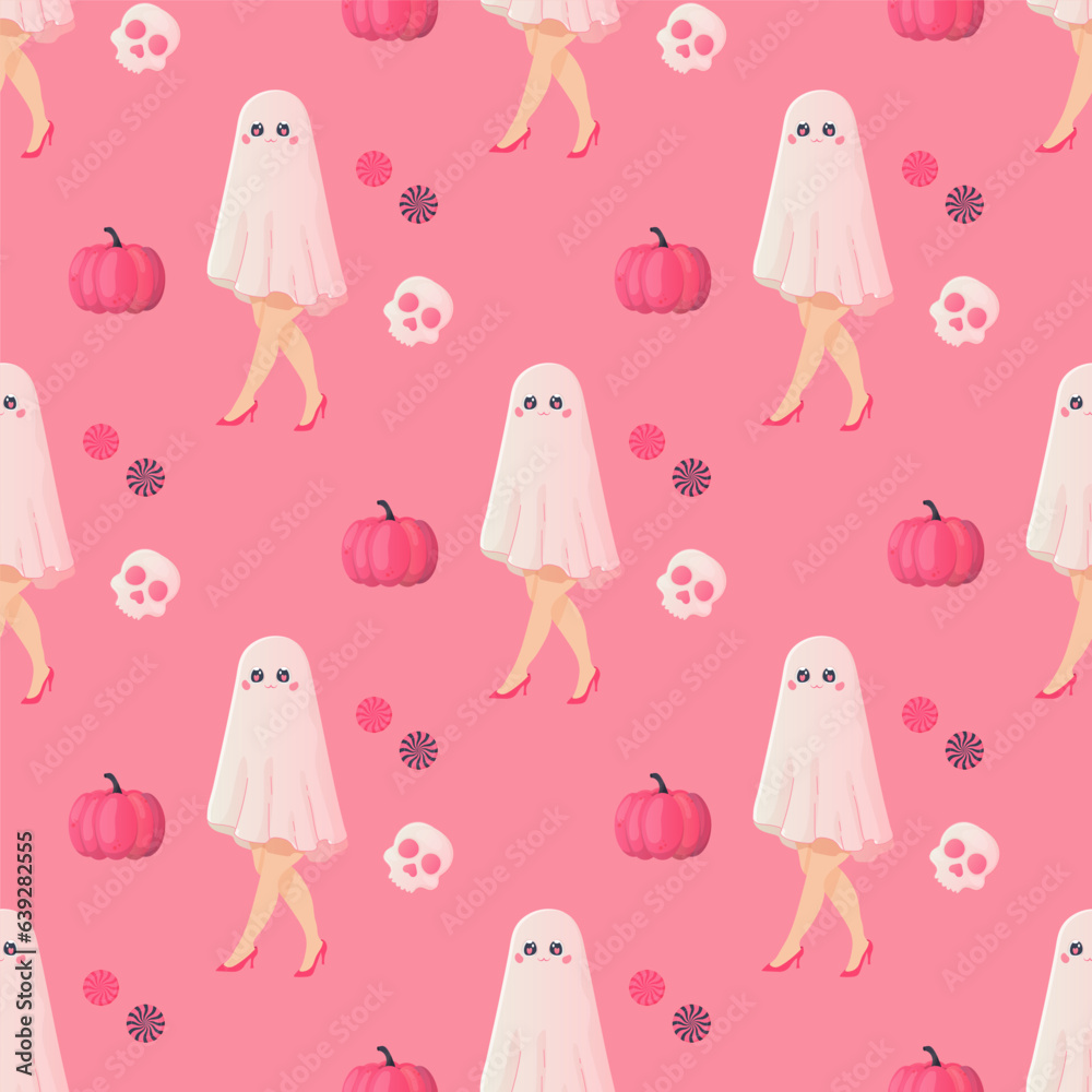 Seamless pattern pink ghost girl glamour, pumpkin, cocktail, Halloween party