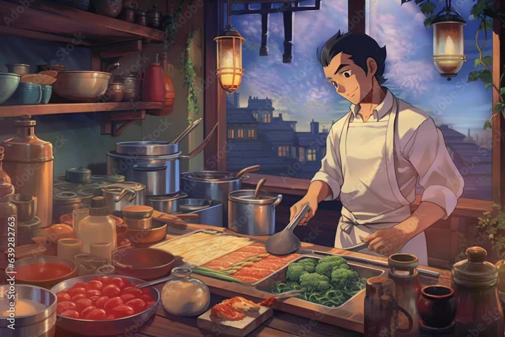 Chef Cooking Food in anime illustration style, 4K animation Chef Cooking Food in anime illustration style, 4K animation