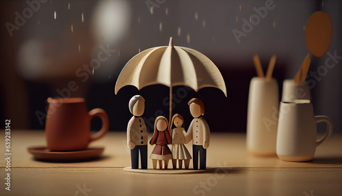 Table with chairs and umbrella on table, People lifestyles and Relationships in love concept, Happy family on raining concept, Ai generated image photo