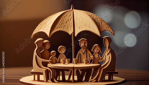 Table with chairs and umbrella on table, People lifestyles and Relationships in love concept, Happy family on raining concept, Ai generated image photo