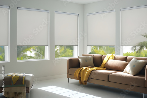 Interior roller blinds are used to cover the windows, and there are automatic solar shades in a bigger size for the windows. The living room consists of sofas