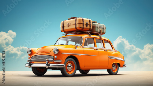 Front view of orange retro car with luggage on the roof ready for summer vacation
