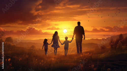 Happy and fun family  mother  father  children son and daughter on nature on sunset