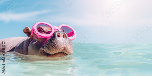 Happy hippo in pinkish glasses swimming in the sea in sunny weather. Recreation and tourism concept.