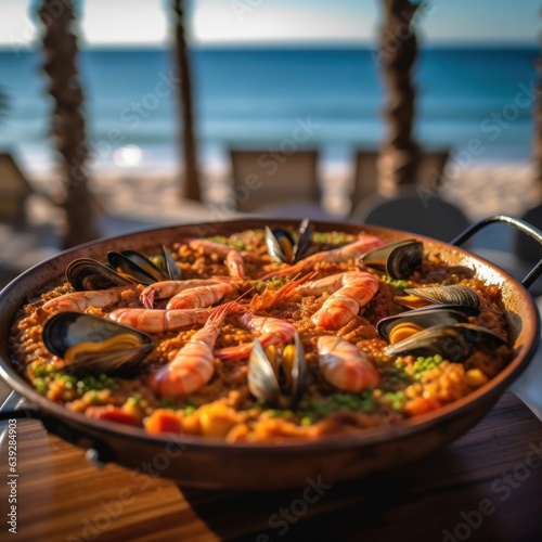 Frying pan with paella on the background of the sea