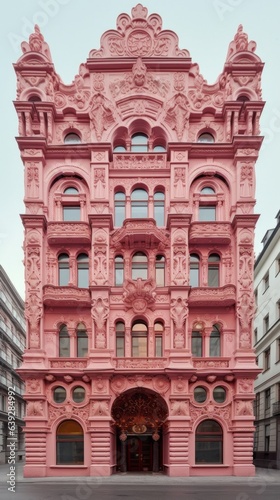 A high ornate belle epoque pink building in the European city. Historical luxurious highly decorative facade concept. 