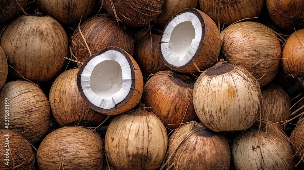 Realistic photo of a bunch of coconuts. top view fruit scenery Realistic photo of a bunch of coconuts. top view fruit scenery