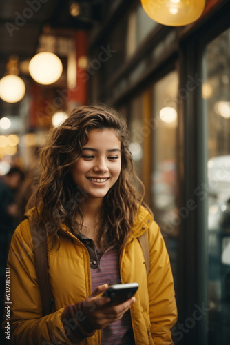 Joyful teen girl radiates happiness with her mobile, capturing youthful exuberance in vibrant stock photo