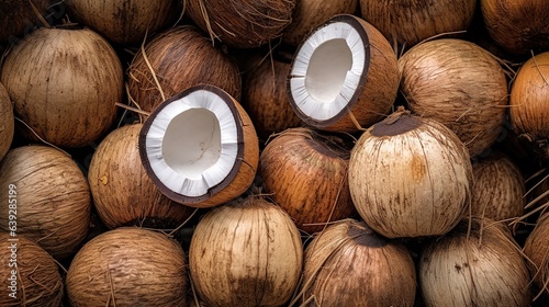 Realistic photo of a bunch of coconuts. top view fruit scenery