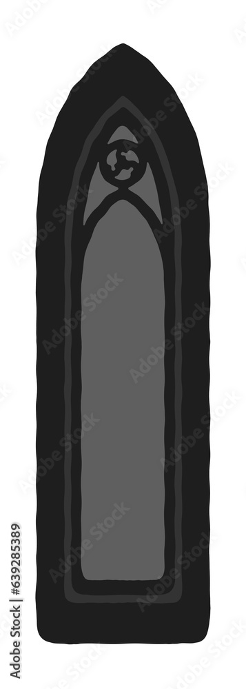 Gothic lancet window with small tracery stylized drawing. Architectural stone frame; pointy medieval cathedral/church arches element illustration