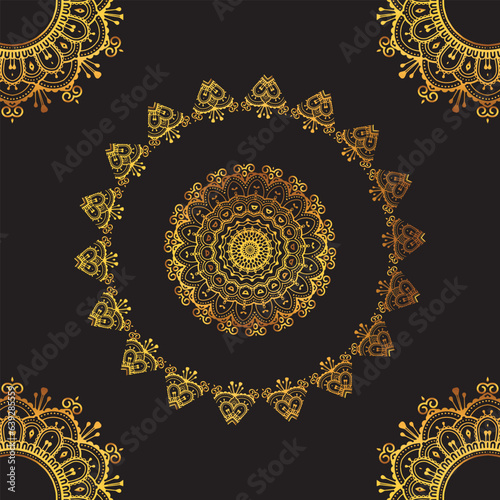 Luxury ornamental mandala design background in gold, Luxury wedding invitation, Ornamental floral corner frame, black background with gold mandala decoration