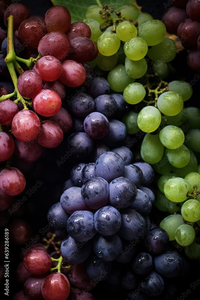 Realistic photo of different kind of grapes. top view fruit scenery