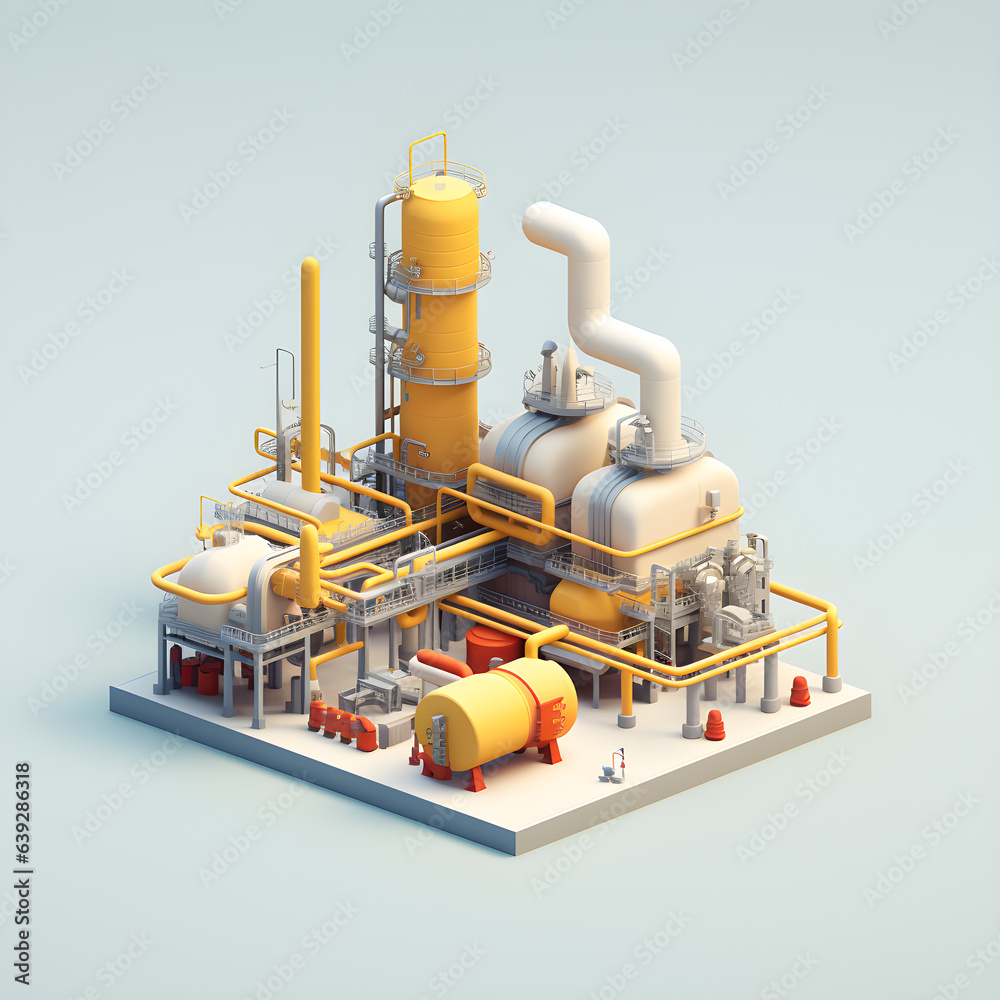 Miniature Refinery: A stylized 3D illustration of an oil refinery, rendered in a minimalist and isometric style.An oil refinery plant with industrial equipment and machinery, featuring a factory setti Miniature Refinery: A stylized 3D illustration of an oil refinery, rendered in a minimalist and isometric style.An oil refinery plant with industrial equipment and machinery, featuring a factory setti
