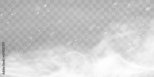 Christmas background overlay mid-air flying white snowflakes. Heavy snowfall on transparent vector background.