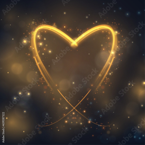 Glittering golden frame in the shape of a heart with shimmering light effects. Design element for Valentine's Day. Vector