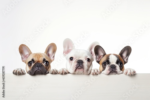 A row of bulldog dogs peeking behind a white banner on a white background. Poster mockup for pet shop or veterinary clinic.