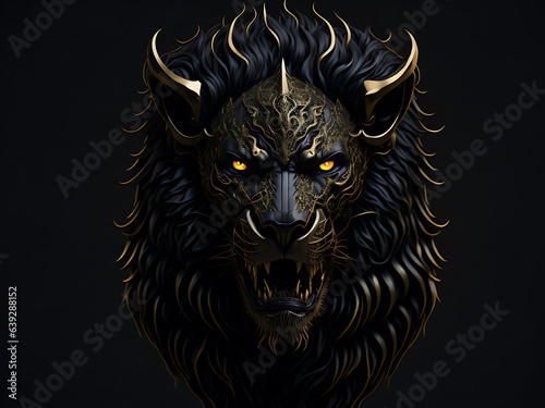 3D render of a horned lion against a black background