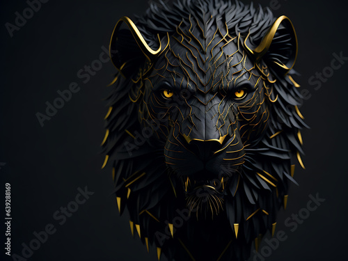 3D render of a black lion against a black background