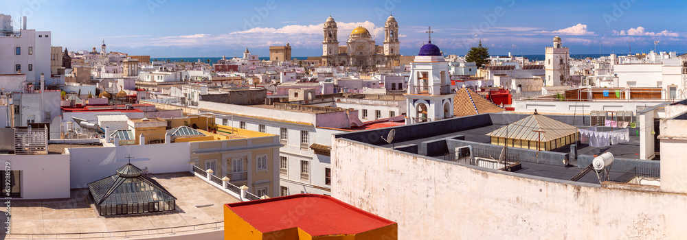 Aerial view from the tower to the white houses of Cadiz on a sunny day.