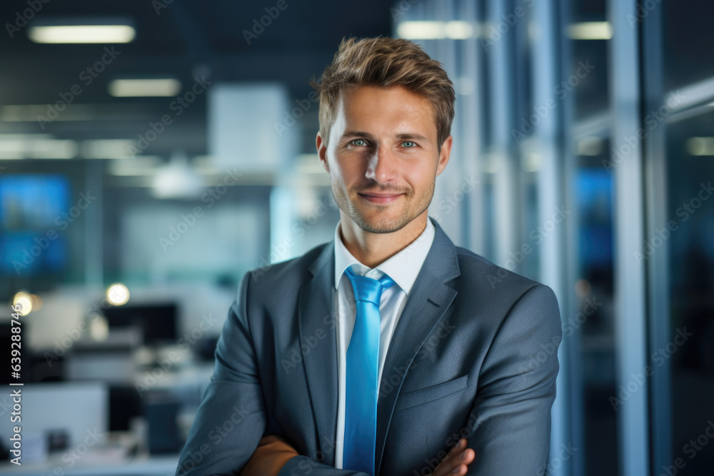 Portrait of happy businessman with arms crossed standing in office