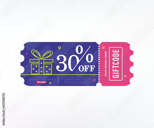 Promo code. Vector Gift Voucher with Coupon Code. 30% off gift vouchers.