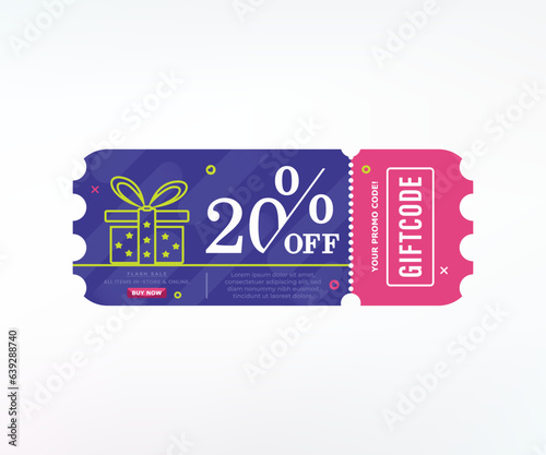 Promo code. Vector Gift Voucher with Coupon Code. 20% off gift vouchers.