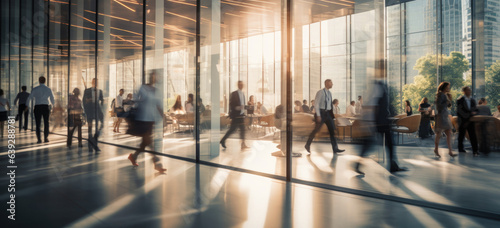 People walking in a glass office  blurred image