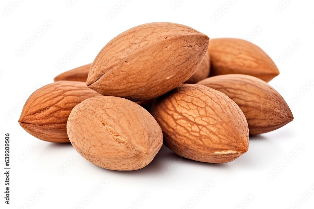 Heap of organic almond for healthy snack. Nature bounty. Close up of Fresh almonds on white background isolated. Wholesome delight. Pile of nutritious Heap of organic almond for healthy snack. Nature bounty. Close up of Fresh almonds on white background isolated. Wholesome delight. Pile of nutritious