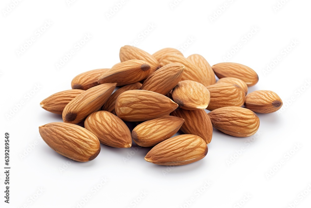 Heap of organic almond for healthy snack. Nature bounty. Close up of Fresh almonds on white background isolated. Wholesome delight. Pile of nutritious Heap of organic almond for healthy snack. Nature bounty. Close up of Fresh almonds on white background isolated. Wholesome delight. Pile of nutritious