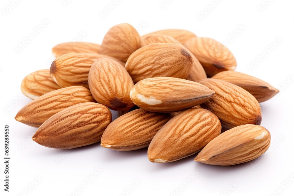 Heap of organic almond for healthy snack. Nature bounty. Close up of Fresh almonds on white background isolated. Wholesome delight. Pile of nutritious Heap of organic almond for healthy snack. Nature bounty. Close up of Fresh almonds on white background isolated. Wholesome delight. Pile of nutritious