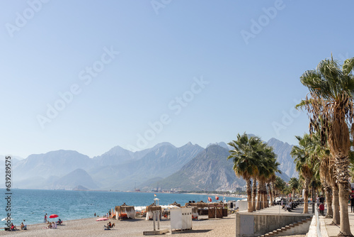seashore in Antalya. People are relaxing on the beach. palm trees