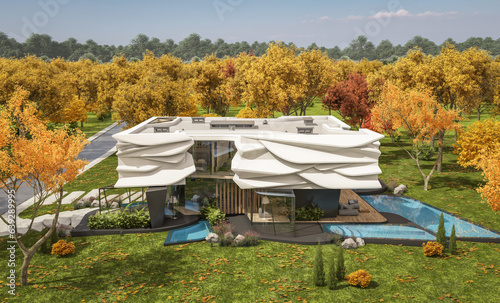 3d rendering of cute cozy modern house with bionic natural curves plastic forms with parking and pool for sale or rent with beautiful landscape. Clear sunny autumn day with golden leaves anywhere