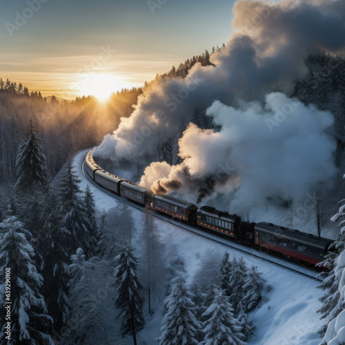 Train emitting smoke traveling through a winter forest