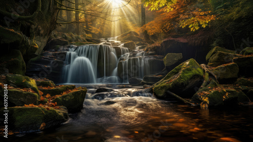 Waterfall in the autumn with ray light  Landscape