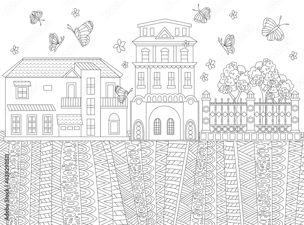 colouring page with cityscape. Cute houses, fence, trees, ornate